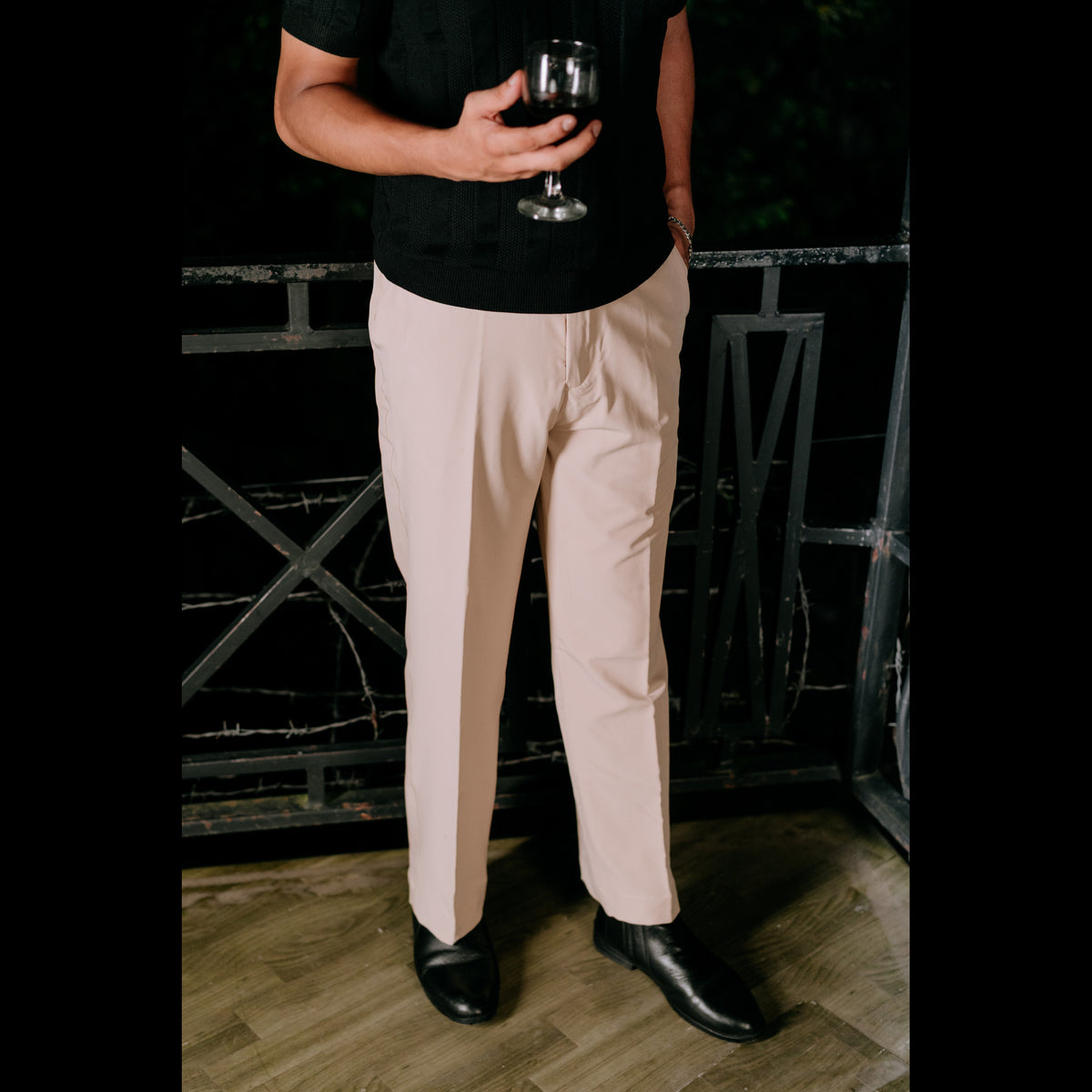 Najraan beige adjustable straight fit formal pant front view